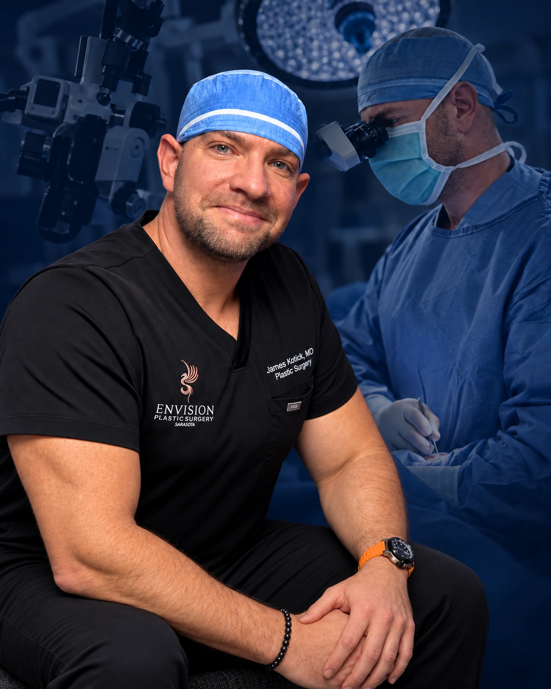 Dr. James Kotick in Envision scrubs, with a microsurgery scene in the background